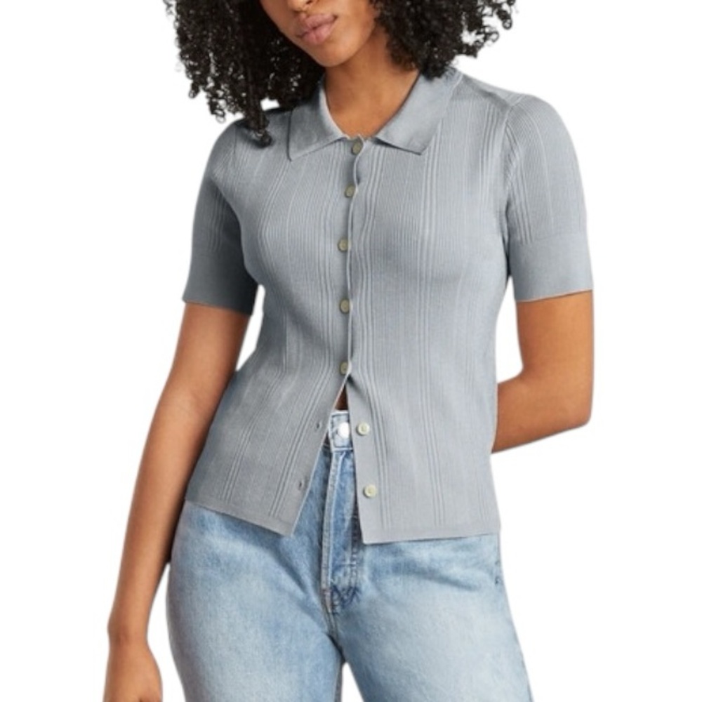 Everlane Gray “The Rib” Ribbed Knit Polo Collar Butyon Front Cropped Top - L
